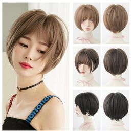 32CM wig womens short Bob hair air bangs brown full hood short hair natural simulation chemical Fibre hair party wig 240510