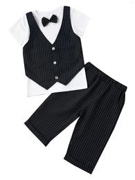 Clothing Sets Kids Boys Gentleman Suit Round Neckline Fake Two-piece Vest Style Top With Elastic Waistband Long Pants And Bow Tie Brooches