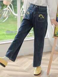 Women's Jeans Women Japanese Style Mori Girl Wide Pants Flower Embroidery Sweet Leg Denim