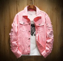 New FashionDenim Jacket Men Ripped Holes Mens Pink Jean Jackets New Garment Washed Mens Denim Coat5510713