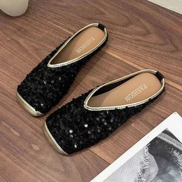 Slippers Flats Bling Square Toe Summer Mules Shoes Women Casual Slingback Sandals 2024 Fashion Flip Flops Dress Mujer Slides