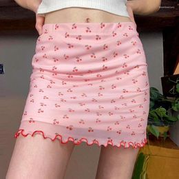 Skirts Y2K Cherry Print Short For Women High Waist Double Layer Mesh Hip Wrap Skirt Women's Mini Straight
