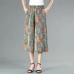 Women's Pants Elastic Waist Summer Floral Print Wide Leg Culottes With Pockets Comfy Yoga Workout For Women Mid-calf
