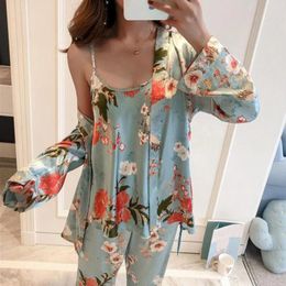 Home Clothing Women's Homewear Nightdress Three Piece Suit Lace Pajamas Set Floral Print Sexy Night Suits Satin Pijamas For Women