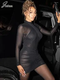 Casual Dresses Joskaa Patchwork Mesh See Through Ruched Black Dress Women Sexy O-Neck Long Sleeve Body-Shaping Mini 2024 Night Clubwear