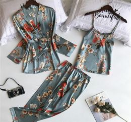 Daeyard 3 Pieces Silk Pajama Set Print Nightwear Pijama Home Suit Women Sexy Lingerie Pyjama Bride Robe Satin Kimono Floral Robe T1969374