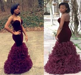 2016 Burgundy Mermaid Prom Dresses New African Velvet Evening Gowns Sexy Sweetheart Backless Sheath Ruffles Tiered Organz Celebrit2415055