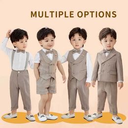 Clothing Sets Boys Spring Summer Khaki Stripe Set Baby Childrens Birthday Party Wedding Photography Clothing Childrens Jackets Vests Pants Q240517