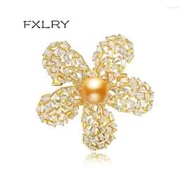 Brooches FXLRY Big Elegant Pearl Flower Brooch For Women Copper Inlaid Zircon Pin Jewellery