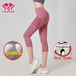 Women's Leggings Open Crotch Sexy Push Up Women Gym Fitness Casual Side Pockets Pants Erotic Hole Sweatpant Knee-Length Cloth