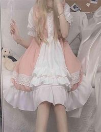 QWEEK Kawaii Lolita Maid Dress Pink Goth Gothic Birthday Party Puff Sleeve Japanese Harajuku Ruffle Laceup Soft Girls 2107295288345