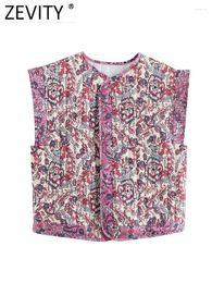 Women's Vests Zevity 2024 Women National Style O Neck Floral Print Patchwork Quilted Cotton Vest Jacket Ladies Retro Slim WaistCoat Tops