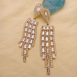 Stud Earrings Kkgem 3.3" Clear Rhinestone Tassel Drop Pave Gold Plated For Women Elegant Teardrop Jewellery 13 Gramme