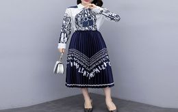 Plus Size Autumn 2 Pieces Office Lady Set Clothes For Women Vintage Letter Print Pleated Skirt And Shirt Loose Casual Party Suit1371626