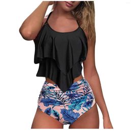 Women's Swimwear Trajes De Bano Mujer Sexy Ruffle Leaf Flower Print Holiday Bikini Set High Waist Mayo 2024 Beachwear Vacation Swimsuit