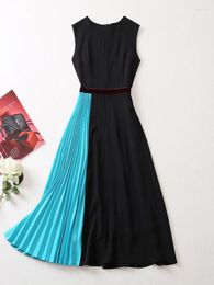 Casual Dresses Fashion Colour Block Pleated Patchwork Tank For Women 2024 Summer Sleeveless Black Vestidos Party Elegant Robe Femme