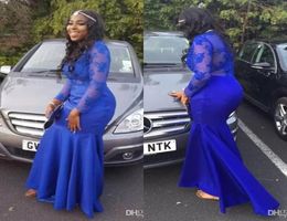 New Royal Blue Sheer Long Sleeves Evening Dresses 2022 Fashion Lace Appliques Cheap Mermaid Prom Dresses Long Party Gowns For Blac9418534