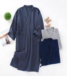 Men039s Kimono Nightgown Cotton Crepe Mens Robe Loose Bathrobe Male Blue Grey Cardigan Home Wear Clothes Sleepwear Men Robe3689016