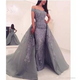 2019 New Lace Prom Dresse With Detachable Train Off The Shoulder Appliqued Mermaid Evening Dress Plus Size Formal Special Occasion8050118