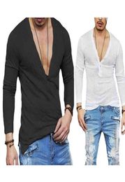 Fashion Men Casual Slim Fit Long Sleeve Deep Vneck Sexy Shirt Tshirts Black White tshirt Tops Drop 1813285