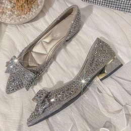 Dress Shoes 2024 Women 3cm High Heels Fashion Prom Pumps Lady Sparkly Sequin Butterfly Knots Thick Female Sexy Designer