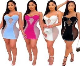 Pearls Sheer Mesh Patchwork Spaghetti Straps Mini Dress For Women Sexy Strapless Bodycon Night Club Party Wear Casual Dresses3807851