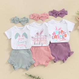 Clothing Sets Easter Summer Born Baby Girls Ear Letter Print Short Sleeve Bodysuits Ruffles Ribbed Shorts Headwear