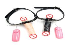 Latest Female Lesbian Double Vibrate Dildos Penis Mouth Gag Ball With Adjustable Leather Harness Bondage Restriants Adult BDSM Sex1414233