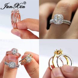 With Side Stones JUNXIN 80% OFF! Bridal Set Female White Crystal Engagement Ring Sets For Women 925 Silver Rose Gold Filled Square Zircon