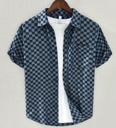 L6966 blue designer dress shirts for men designer short sleeves jeans shirt plaid denim mens shirts