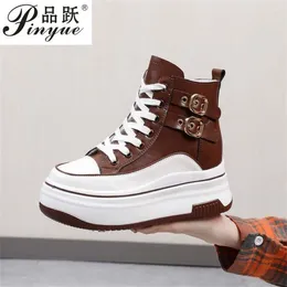 Casual Shoes 8cm Genuine Leather Women Ankle Boots Platform Leisure Lace Up Mixed Color Double Belt Buckle Lady Breathable