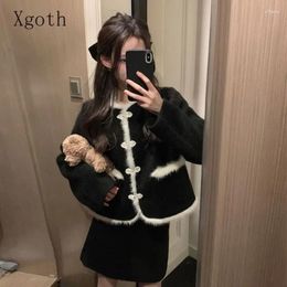 Work Dresses Xgoth Korean Elegant Suit Black White Coat Skirt Single Piece Women Chinese Style Button Fur Short Sweet Cute Sets