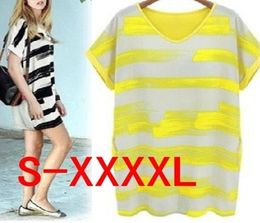 Women039s Short Sleeve Plus Size Patchwork Oversized Painted Stripes Loose Mini Tshirt Dress S4XL Maternity Wearing Yellow Bl1386247