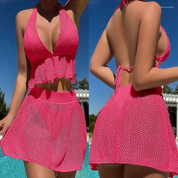 Summer Women's Beach Skirts Sexy Mesh Suspender Bikini Smock Set Female Ladies Hollow Out Sunscreen Cover Ups