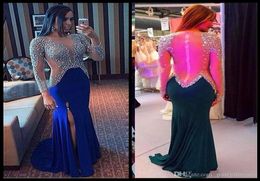 Mermaid Sexy Beaded Crystal See Through Back Evening Dresses vestido de festa longo 2017 Royal Blue Chiffon Long Sleeve Prom Party7522358