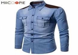 Denim Shirt Men 2018 Long Sleeve Men Casual Cotton Jeans Shirt Slim Suede Matching Mens Solid Pocket Shirts Tops Chemise Homme LC31264183