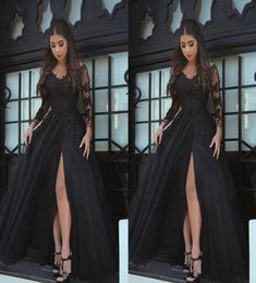 Modern Black Sheer Long Sleeves Plus Size Prom Evening Dresses Applique Lace High Side Split Custom Made Formal Dress Party Gowns5600425