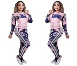 Womens Active Tracksuits Fashion Flowers Pattern with Stripe Outfits 2020 Autumn Jacket Leggings for Whole Trendy 2 Pieces S5996742692012
