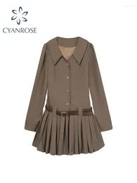 Casual Dresses Women Khaki A-line Dress Y2k 90s Korean Style Vintage Long Sleeve Mini Harajuku Elegant One Piece Frock 2000s Clothes 2024