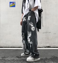 UNCLEDONJM High Street Patchwork Printed Jeans Ins Hip Hop Wide Leg Pants Men hip hop jeans men baggy jeans 2202229314259