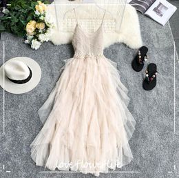 Women Tulle Dress Summer Mesh Dress High Waist Hem Asymmetrical Pleated Fairy Dress Female Slim Mesh Dresses 2105213782989