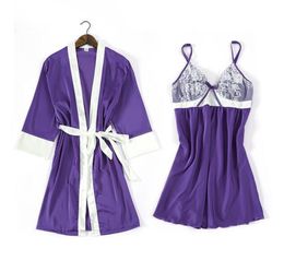 Women039s Sleepwear Purple 2PCS Satin Women Robe Suit Kimono Gown Sexy Strap Nightgown Cute Bow Night Dress With Bra Long Sleev8991496