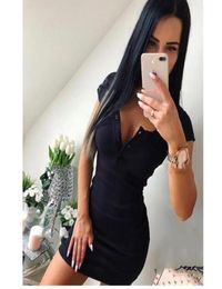 Summer Dress Fall Women Sexy Casual Knit Sheath Mini Dresses Ladies Solid V Neck Chest Button Short Sleeve Bodycon Dress5239279