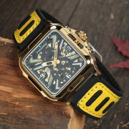 Wristwatches Forsining Gold Black Square Skeleton Automatic Watch For Men Luminous Hands Luxury Sports Mechanical Watches Rubber Leather