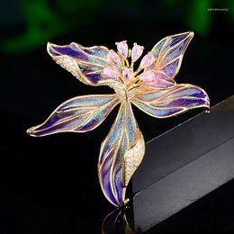 Brooches Exquisite Enamel Orchid High-end Zircon Elegant Temperament Suit Coat Accessories Female Flowers Broche Pins Gift