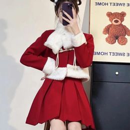 Work Dresses Christmas Plush Jacket Pleated Skirt Two-piece Set Women Korean Woollen Patchwork Soft Glutinous Sweet Slim Winter Festival Suit