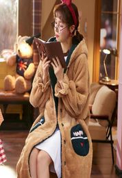 Women039s Sleepwear Cute Women Sweet Bow Flannel Nightgown Thicken Warm Loose Home Dressing Gown With Pockets Casual Long Sleev7321554