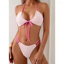 Women's Swimwear Women Bikini Set Sexy Contrast Colour Lace Tie-up Padded Bra With Low Waist Briefs 2024 Bathing Suit Swimsuit