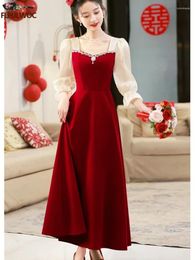 Casual Dresses Year Christmas Chic Elegant Annual Meeting Red Dress Women Square Neck French Design Bling Bride Long Party Vestido