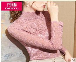 New design women039s solid Colour lace floral long sleeve stand collar bodycon tunic tops plus size S M L XL XXL 3XL lace shirt5667396
